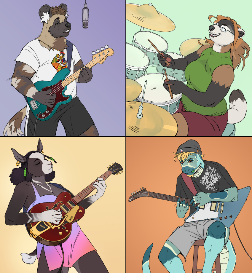 absurd_res african_wild_dog andre_taslim antelope anthro bass_guitar beard black-footed_ferret black_nose blonde_hair bottomwear bovid bovine brown_hair canid canine canis clothed clothing darius_davis digital_media_(artwork) domestic_ferret dress drum drum_set drumming drumming_stick ear_piercing ear_ring emma_campbell entodonyx eyewear facial_hair female fur gibson_explorer glasses goatee group guitar hair hi_res holding_object impala jewelry josephine_vasquez komodo_dragon lizard long_hair male mammal microphone monitor_lizard multicolored_body multicolored_fur musical_instrument mustela mustelid musteline open_mouth percussion_instrument percussion_mallet piercing playing_guitar playing_music plucked_string_instrument reptile scalie simple_background singing string_instrument topwear true_musteline