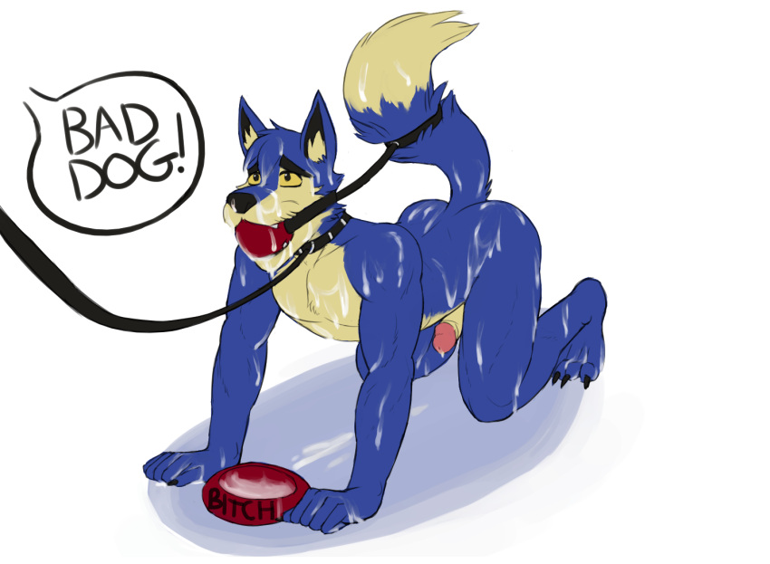 all_fours anthro athletic athletic_anthro athletic_male ball_gag blue_body blue_fur bodily_fluids butt claws collar cum cum_covered cum_drip cum_on_arm cum_on_body cum_on_butt cum_on_chest cum_on_face cum_on_feet cum_on_ground cum_on_hand cum_on_leg cum_on_penis cum_on_tail dialogue dripping english_text fangs fur gag gagged genital_fluids genitals glans hicanyoumooforme humanoid_genitalia humanoid_penis jeran jumpstart_games leash lupe_(neopets) male messy neopet_(species) neopets nude offscreen_character penis pet_bowl petplay profanity roleplay simple_background solo speech_bubble tail_tied tan_body tan_fur text toe_claws video_games
