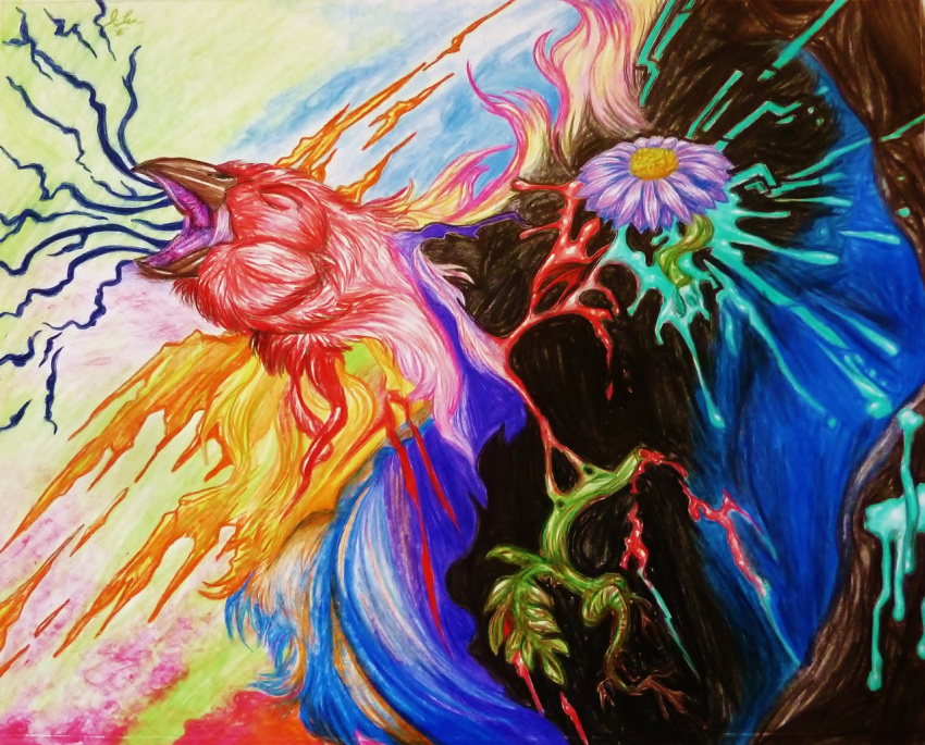 2016 abstract abstract_background ambiguous_gender avian blood bodily_fluids colored_pencil_(artwork) colorful flower lightning plant purple_flower screaming spidermilkshake splatter stem surreal surrealism traditional_media_(artwork)