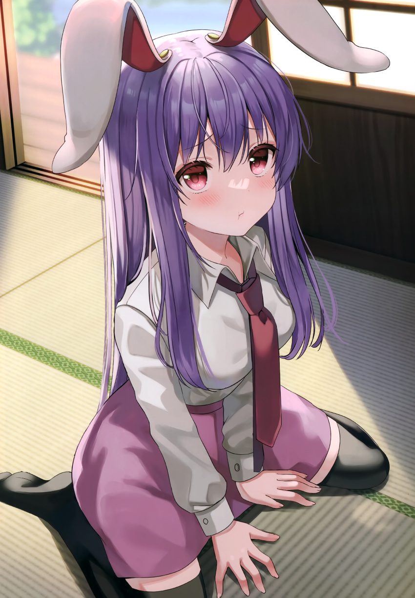 1girl :t absurdres animal_ears bangs banned_artist black_legwear blush breasts eyebrows_visible_through_hair hair_between_eyes highres indoors long_hair long_sleeves looking_at_viewer medium_breasts miniskirt necktie no_shoes non-web_source purple_hair purple_skirt rabbit_ears red_eyes red_necktie redrawn reisen_udongein_inaba scan shadow shirt sitting skirt sliding_doors solo tatami thighhighs touhou very_long_hair wariza white_shirt yuuka_nonoko zettai_ryouiki