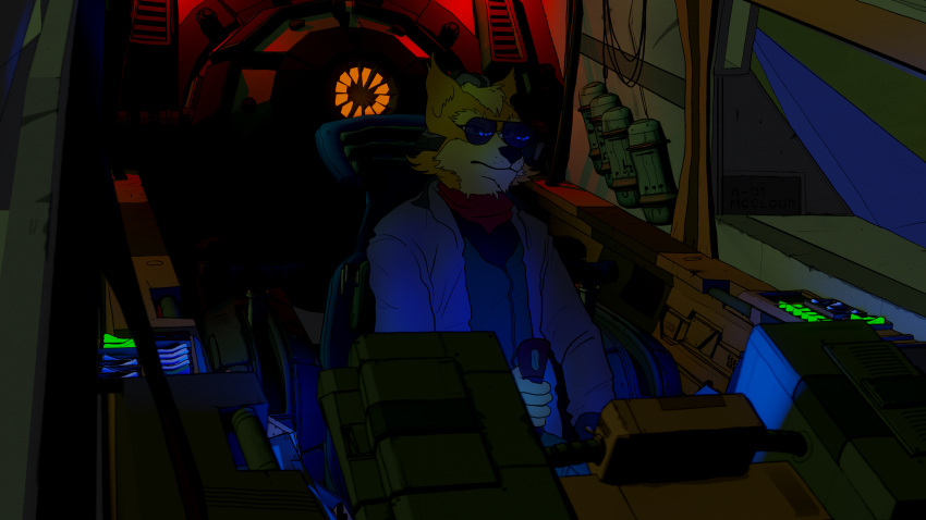 16:9 4k absurd_res anthro black_nose canid canine clothing eyewear fox fredryk_phox fur hi_res inside jacket james_mccloud male mammal multicolored_body multicolored_fur neckerchief nintendo pilot sitting solo spacecraft star_fox star_fox_the_animated_series technology topwear vehicle video_games widescreen yellow_body yellow_fur