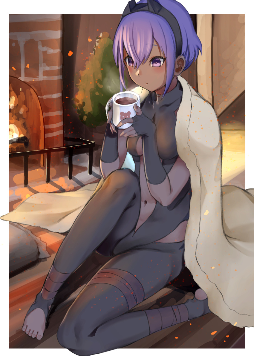 1girl absurdres bangs black_gloves black_hairband black_leotard blanket blowing_on_food blush breasts center_opening commentary_request cup dark-skinned_female dark_skin eyebrows_visible_through_hair fate/prototype fate/prototype:_fragments_of_blue_and_silver fate_(series) fingerless_gloves fire fireplace gloves hair_between_eyes hairband hassan_of_serenity_(fate) highres holding holding_cup indoors leggings leotard mug navel purple_eyes purple_hair short_hair sitting solo steam taruto_(takug0812) toeless_legwear toes