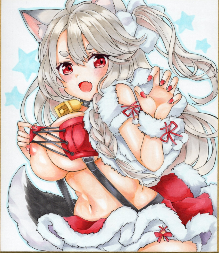 1girl adjusting_clothes airi_(akamichiaika) animal_ears azur_lane bandeau bell bow breasts christmas fang fur-trimmed_skirt fur_panties fur_trim hair_bow highres large_breasts long_hair looking_at_viewer marker_(medium) microskirt navel neck_bell nipple_slip nipples official_alternate_costume one_side_up open_mouth red_eyes red_nails red_skirt santa_costume scan silver_hair skin_fang skirt smile solo standing starry_background suspender_skirt suspenders thick_eyebrows traditional_media white_bow yuudachi_(azur_lane) yuudachi_(woofy_floofy_christmas_night)_(azur_lane)
