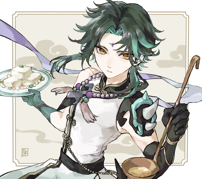 1boy ahoge almond_tofu_(genshin_impact) aqua_hair armor bead_necklace beads black_gloves commentary_request facial_mark food forehead_mark genshin_impact gloves green_gloves green_hair highres holding holding_plate jewelry ladle male_focus multicolored_hair necklace official_alternate_costume parted_lips plate shiraishi_(siraisi00) simple_background solo spikes tassel upper_body xiao_(genshin_impact) yellow_eyes