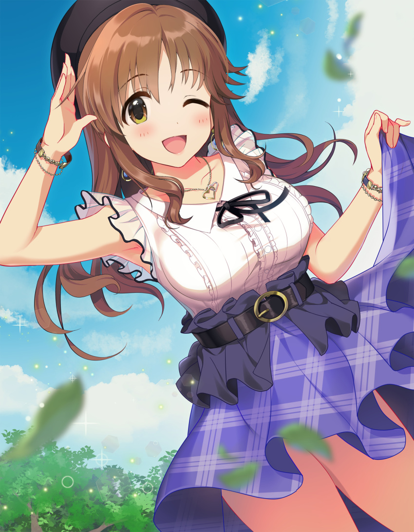 1girl belt beret black_headwear blush bracelet breasts brown_eyes brown_hair commentary_request earrings hair_down hand_up hat heart heart_necklace highres idolmaster idolmaster_cinderella_girls idolmaster_cinderella_girls_starlight_stage jewelry large_breasts long_hair looking_at_viewer natsuya_(natuya777) one_eye_closed open_mouth purple_skirt skirt skirt_hold smile solo totoki_airi