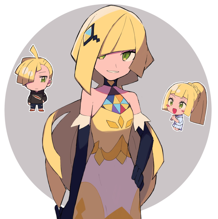 1boy 2girls :d ahoge bangs bare_shoulders black_gloves black_hoodie black_pants blonde_hair blush_stickers chibi chibi_inset closed_mouth commentary_request dress ear_piercing elbow_gloves eyelashes gladion_(pokemon) gloves green_eyes hair_over_one_eye highres hood hoodie lillie_(pokemon) long_hair lusamine_(pokemon) multiple_girls official_alternate_costume own_hands_together pants parted_lips piercing pleated_skirt pokemon pokemon_(game) pokemon_masters_ex pokemon_sm ponytail red_footwear shirt shoes short_hair skirt smile tyako_089 yellow_dress