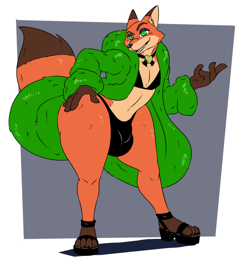 a-side anthro big_bulge bikini bulge canid canine clothing coat collar disney fox green_eyes hand_on_hip hi_res high_heels looking_at_viewer male mammal nick_wilde solo swimwear topwear zootopia