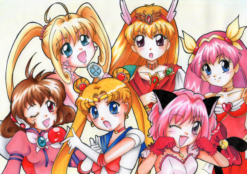 bishoujo_senshi_sailor_moon corrector_yui crossover highres magical_princess mermaid_melody_pichi_pichi_pitch sailor_moon tokyo_mew_mew traditional_media wedding_peach