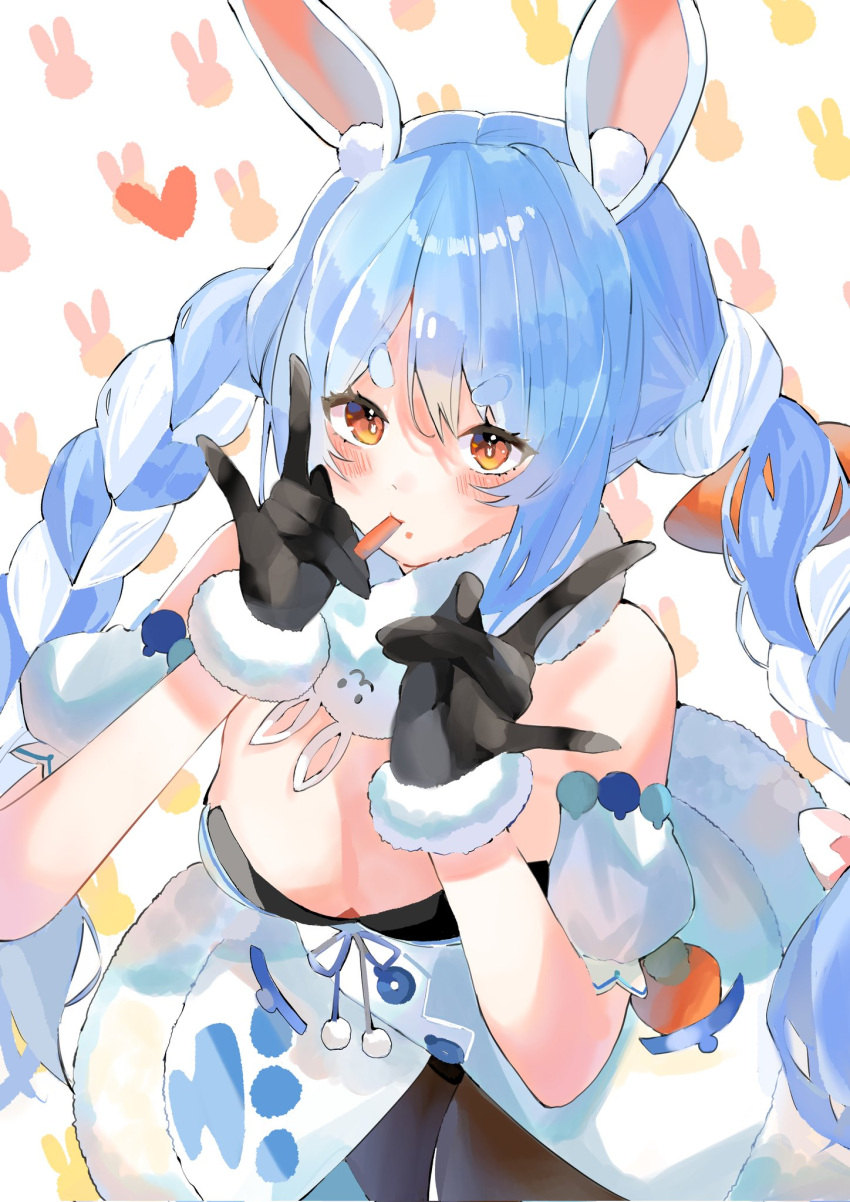 1girl animal_ears bare_shoulders black_gloves blue_hair blue_ribbon blush breasts bunny_background carrot carrot_in_pocket cleavage dress eating eyebrows_visible_through_hair food food_in_mouth fox_shadow_puppet fur-trimmed_dress fur-trimmed_gloves fur_trim gloves heart highres hojhcwqlwrfrvnk hololive light_blue_hair mouth_hold multicolored_hair off-shoulder_dress off_shoulder orange_eyes pantyhose rabbit_ears rabbit_girl ribbon scarf solo twintails usada_pekora virtual_youtuber white_hair white_scarf