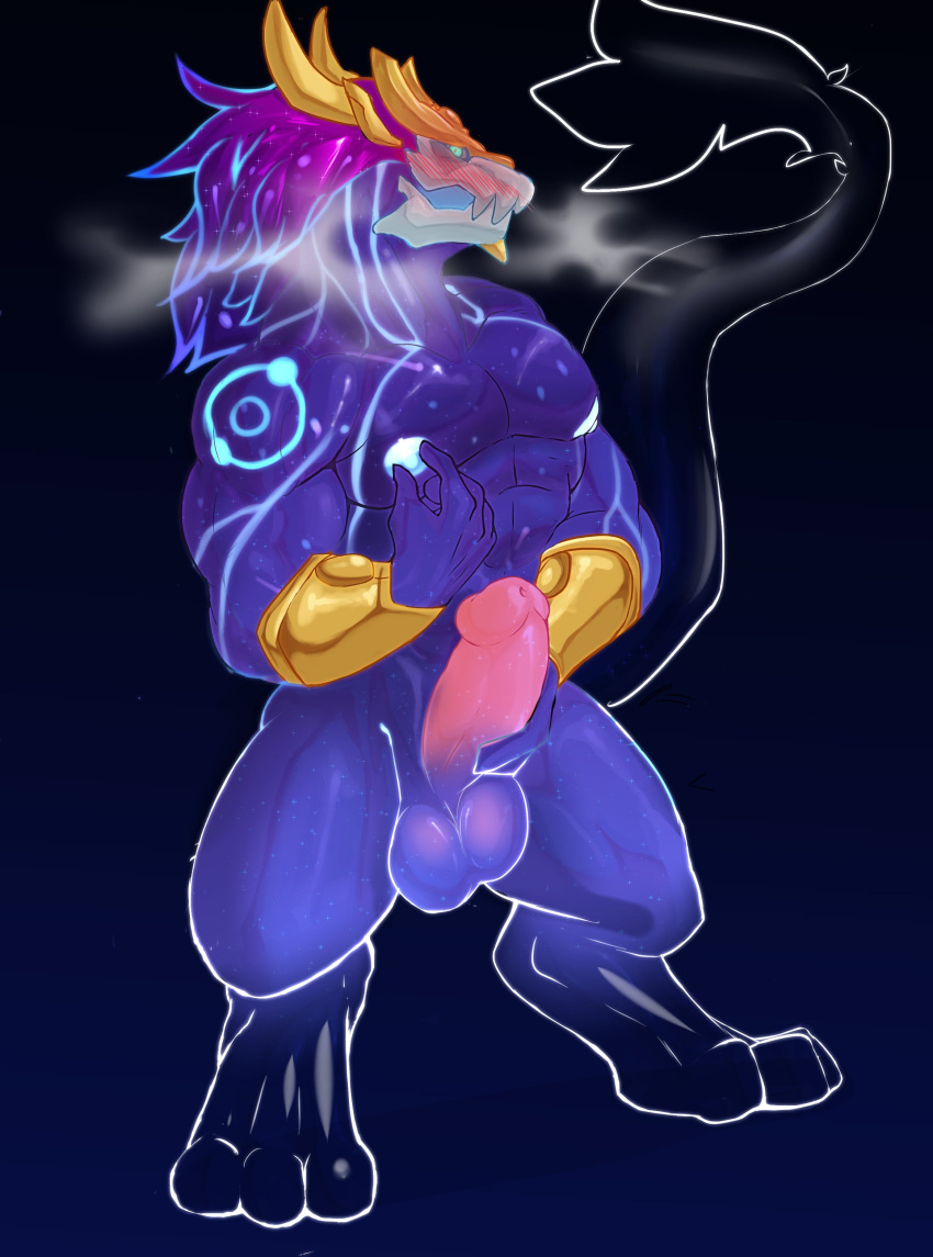 abs absurd_res anthro asian_mythology aurelion_sol_(lol) balls biceps bioluminescence blush blush_lines dragon east_asian_mythology eastern_dragon erection gasp gasping genitals glowing green_eyes hair hi_res jewelry league_of_legends long_hair looking_at_viewer male manyu masturbation muscular muscular_anthro muscular_male mythology nipple_fetish nipple_pinch nipple_play nipples nude pecs penis pinch presenting presenting_penis purple_hair riot_games scalie simple_background solo triceps video_games