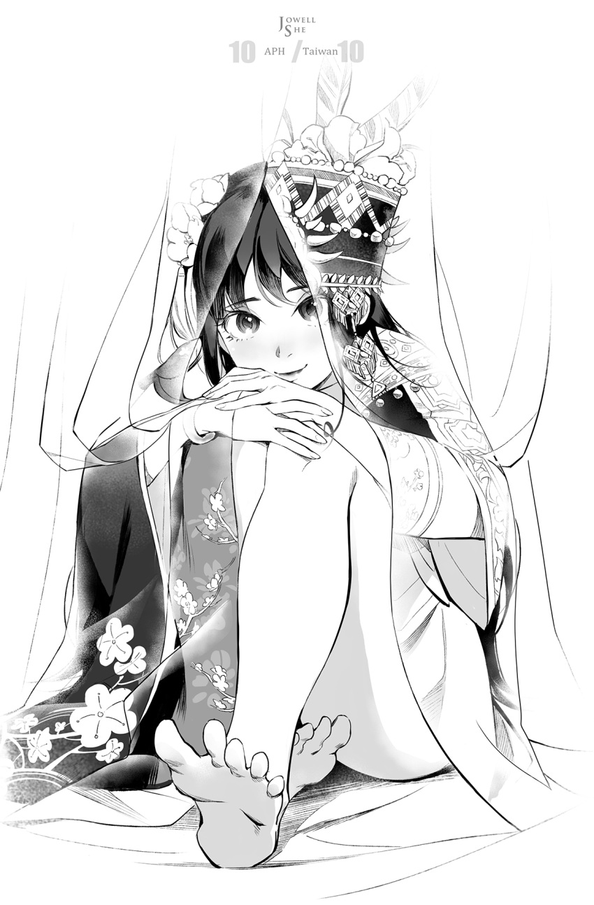 1girl anniversary axis_powers_hetalia bangs barefoot beads bracelet character_name convenient_leg copyright_name curtains dated flower full_body greyscale hair_flower hair_ornament hand_on_own_knee hat hat_flower highres jewelry jowell_she knees_up long_hair long_sleeves looking_at_viewer monochrome own_hands_together revealing_layer simple_background sitting smile soles solo taiwan_(hetalia) traditional_clothes white_background wide_sleeves