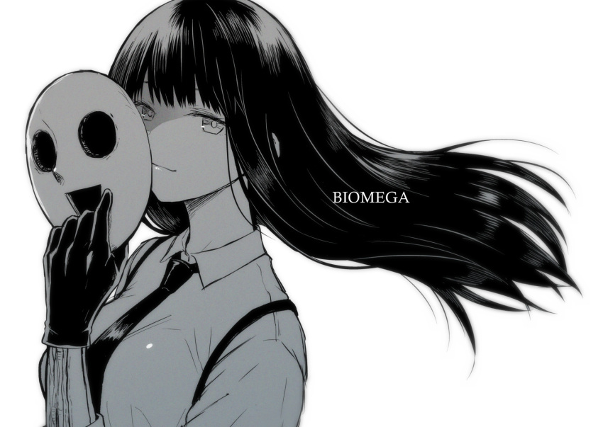 1girl biomega black_hair breasts closed_mouth collared_shirt dress_shirt formal gloves greyscale lips long_hair looking_at_viewer mask mechanical_arms medium_breasts monochrome necktie nyaldee sakuma_tsukasa shirt simple_background single_mechanical_arm smile solo standing suspenders white_background