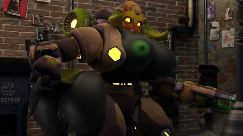 3d_(artwork) alley blizzard_entertainment breasts butt digital_media_(artwork) exhibitionism female flashing genitals hero hi_res horn humanoid invalid_tag koofey machine nipples orisa orisa_(overwatch) outside overwatch pipe public pussy robot robot_humanoid smile solo taur trash_can upskirt video_games weapon