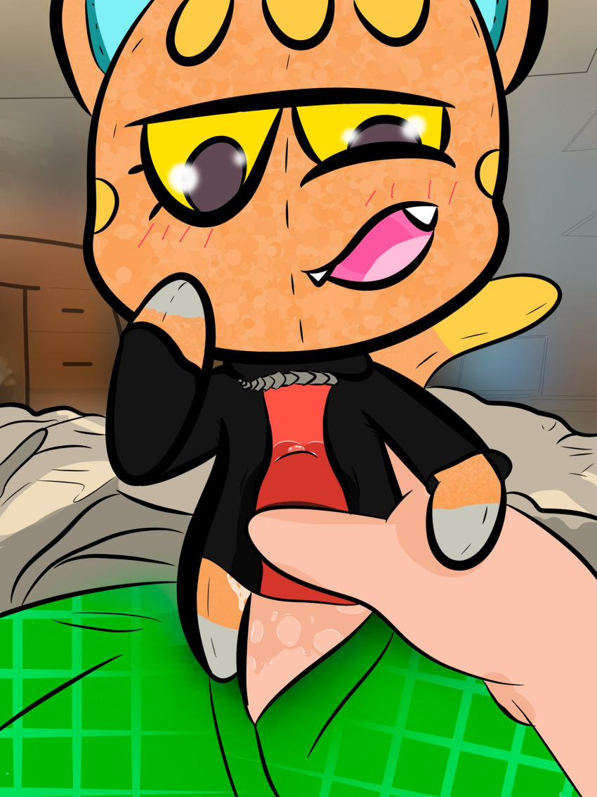 abdominal_bulge animal_crossing animate_inanimate anthro blue_ears bodily_fluids bottomless brown_body clothed clothing detailed_background digital_media_(artwork) domestic_cat duo erection fangs felid feline felis female fur furniture genital_fluids genitals hi_res human jacket katt_(animal_crossing) living_plushie male male/female mammal nintendo open_mouth penis penis_under_shirt plushie plushophilia pokesiimii precum sex smile topwear underwear video_games yellow_eyes