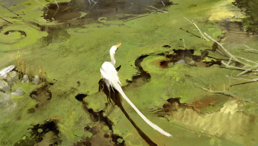 2014 algae ambiguous_gender branch digital_drawing_(artwork) digital_media_(artwork) dinosaur feathered_dinosaur feathers feral long_tail mr-jack reptile rock scalie solo swamp tail theropod walking water white_body white_feathers