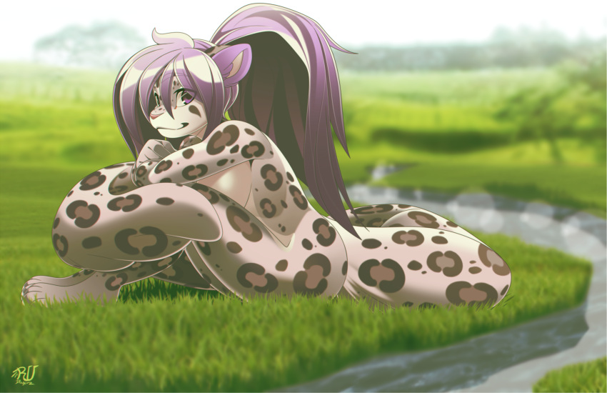 2021 anthro breasts clothed clothing day detailed_background digital_media_(artwork) felid female grass hair hi_res leopard mammal outside pantherine plant purple_eyes purple_hair rudragon sky smile solo