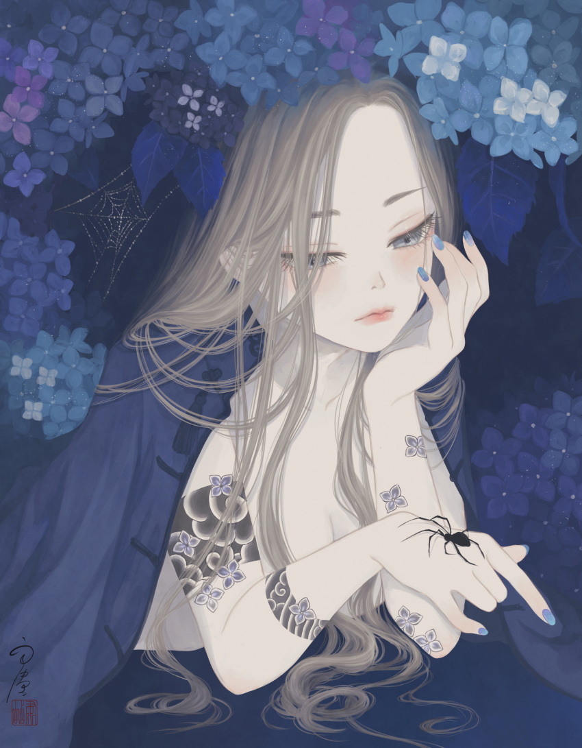 1girl absurdres animal_on_hand arm_support arm_tattoo blue_flower blue_jacket blue_nails blue_theme brown_hair bug chinese_clothes closed_mouth commentary dew_drop facing_viewer fingernails flower flower_tattoo grey_eyes hair_over_one_eye hand_on_own_face hand_up head_rest highres hydrangea jacket jacket_on_shoulders light_blush long_hair looking_at_animal lying nail_polish on_stomach original parted_hair seal_impression signature silk solo spider spider_web tangzhuang tattoo topless upper_body ushiyama_ame water_drop