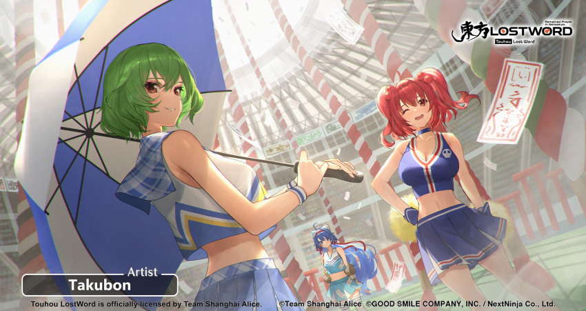 3girls ;d absurdres ahoge alternate_costume artist_name blue_eyes blue_hair blue_skirt blue_tank_top blush breasts cheerleader cleavage commentary copyright_name cowboy_shot english_commentary feet_out_of_frame green_hair hair_between_eyes hair_bobbles hair_ornament hairband hand_on_hip highres holding holding_own_arm holding_umbrella kazami_yuuka large_breasts logo long_hair looking_at_viewer looking_back medium_breasts medium_hair midriff miniskirt multiple_girls navel official_art ofuda one_eye_closed onozuka_komachi open_mouth parted_lips plaid pleated_skirt ponytail red_hair red_ribbon ribbon rope second-party_source short_hair skirt smile standing sunlight sweatband takubon tank_top torii touhou touhou_lost_word twintails umbrella watermark wrist_cuffs wristband yorigami_shion