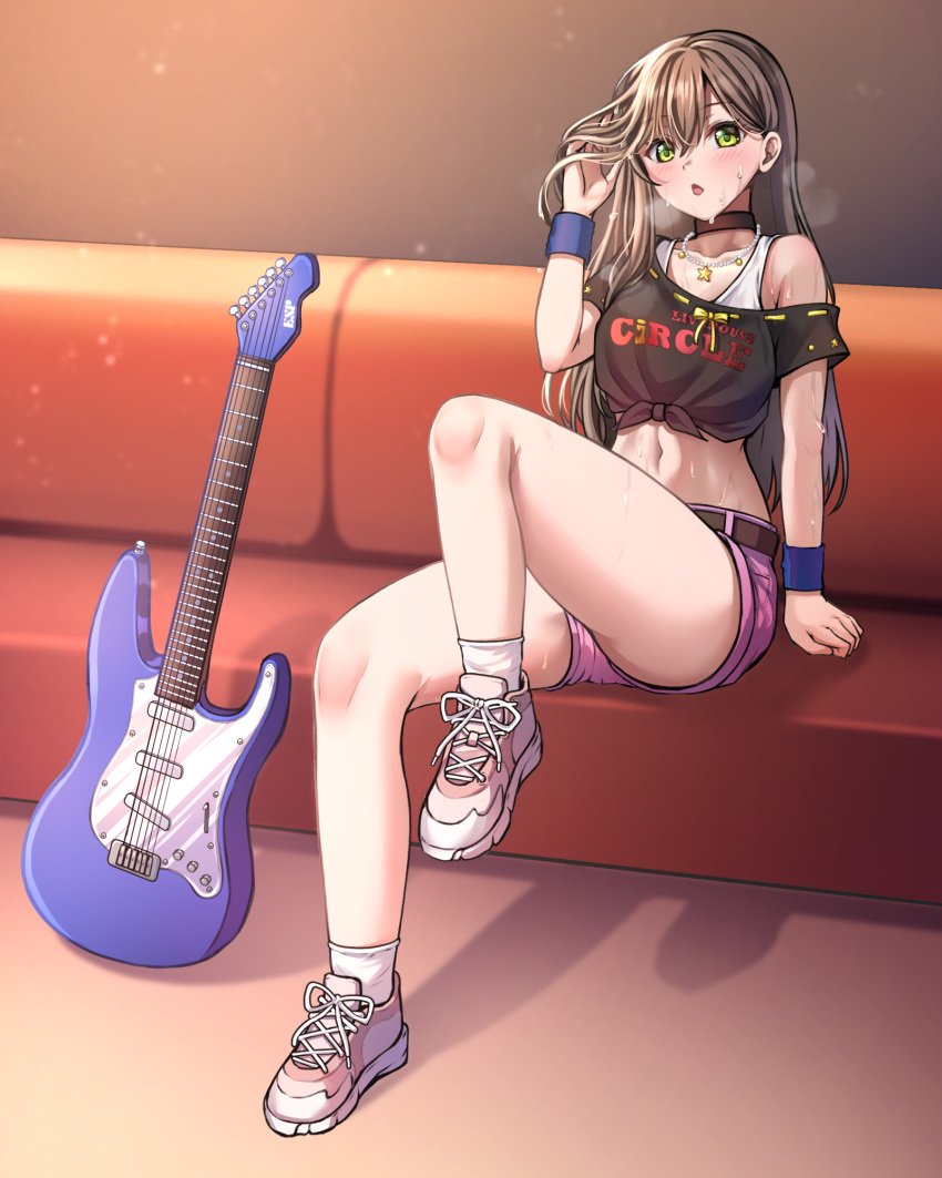 1girl arm_support bang_dream! bangs bare_shoulders belt black_choker black_hair black_shirt blush breasts brown_belt chair choker collarbone commentary electric_guitar esp_guitars eyebrows_visible_through_hair full_body green_eyes groin guitar hair_between_eyes hanazono_tae hand_in_hair hand_up highres instrument jewelry leg_up long_hair looking_at_viewer lounge_chair midriff navel necklace off-shoulder_shirt off_shoulder open_mouth pink_shorts ptal shadow shirt shoes short_shorts short_sleeves shorts sidelocks sitting small_breasts sneakers socks solo steam sweat tied_shirt undershirt white_legwear wristband