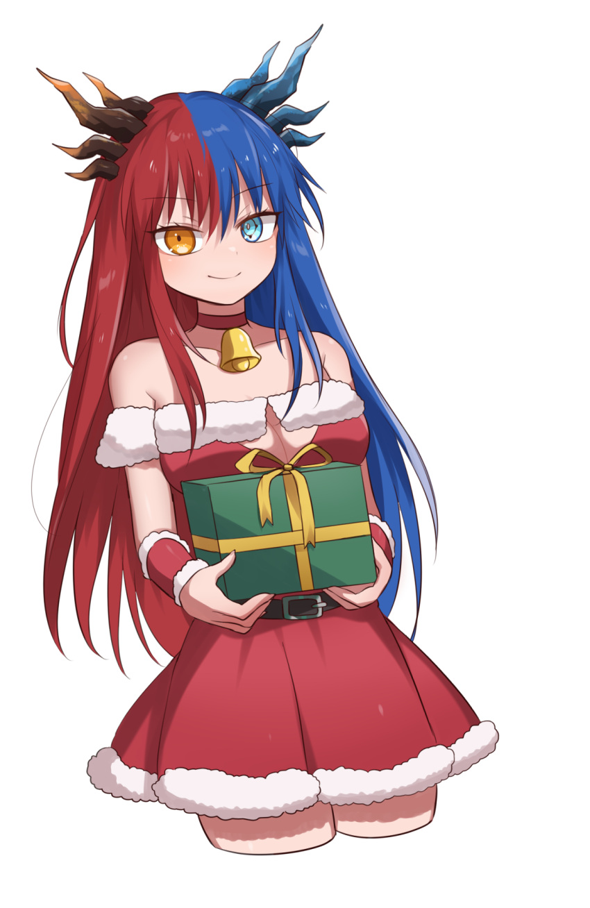 1girl bangs bell belt blue_eyes blue_hair blue_horns blush box breasts bright_pupils choker christmas commission commissioner_upload dragon_girl dragon_horns dress eyebrows_visible_through_hair gift gift_box gift_wrapping heterochromia highres holding horns inferna_dragnis large_breasts long_hair looking_at_viewer monster_girl multicolored_hair multicolored_horns neck_bell pale_skin red_hair red_horns santa_costume simple_background smile solo solo_focus split-color_hair symbol-shaped_pupils two-tone_hair usagi1923 vambraces white_background white_pupils