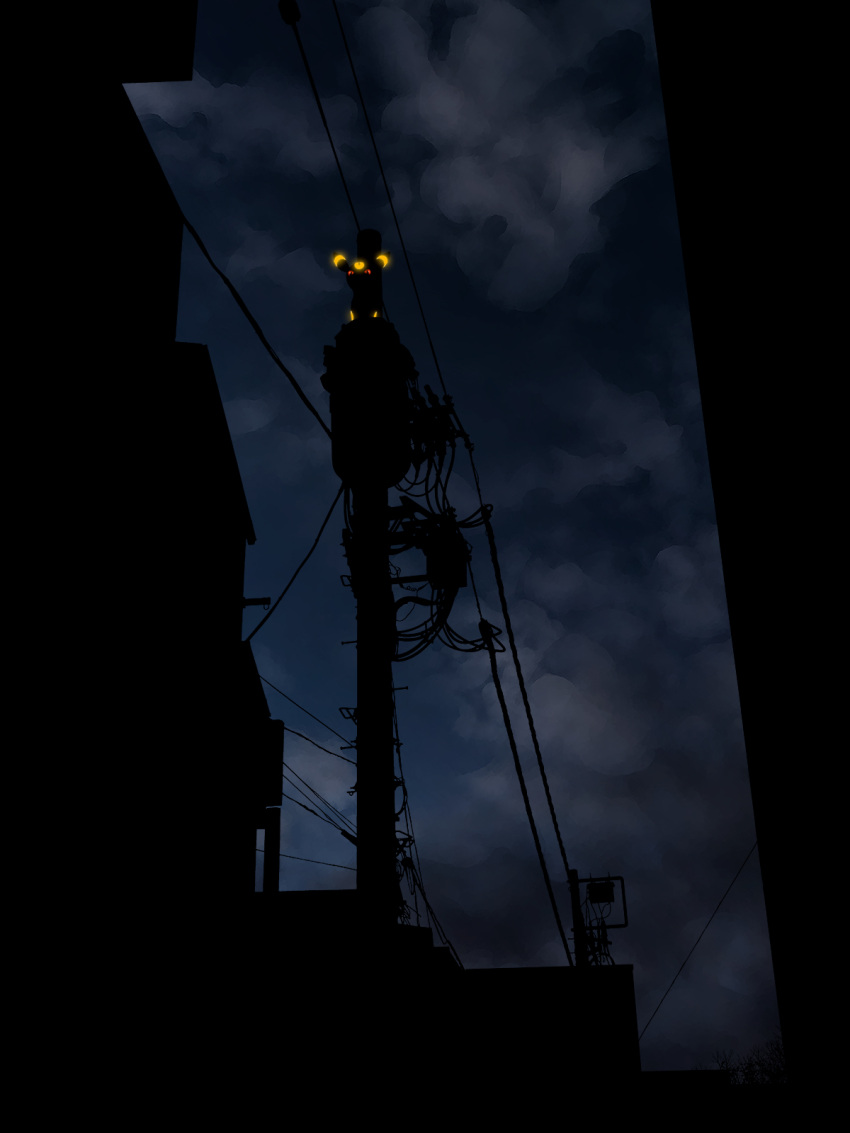 cloud commentary_request dark from_below glowing_markings highres looking_down night outdoors pokemon power_lines red_eyes shimei_jien sky umbreon utility_pole