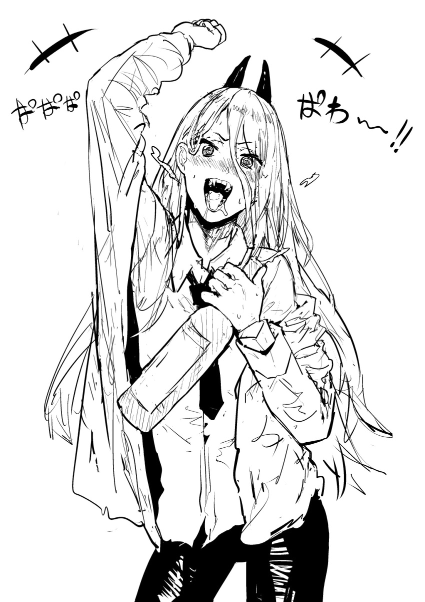 1girl alcohol arm_up blush bottle chainsaw_man cheering contrapposto drunk fangs greyscale hair_between_eyes hatching_(texture) highres holding holding_bottle horns long_hair looking_at_viewer monochrome necktie oosawara_sadao open_mouth power_(chainsaw_man) saliva simple_background smile solo teeth tongue white_background