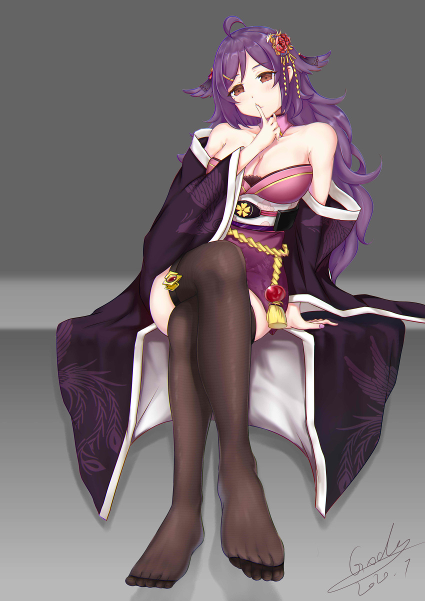 1girl absurdres azur_lane black_legwear breasts cleavage coat crossed_legs finger_to_mouth flower full_body grey_background gxdy hair_flower hair_ornament highres houshou_(azur_lane) japanese_clothes kimono large_breasts long_hair looking_at_viewer metal_belt no_shoes off-shoulder_kimono orange_eyes pink_kimono purple_coat purple_hair red_flower sakuramon signature sitting soles solo wide_sleeves