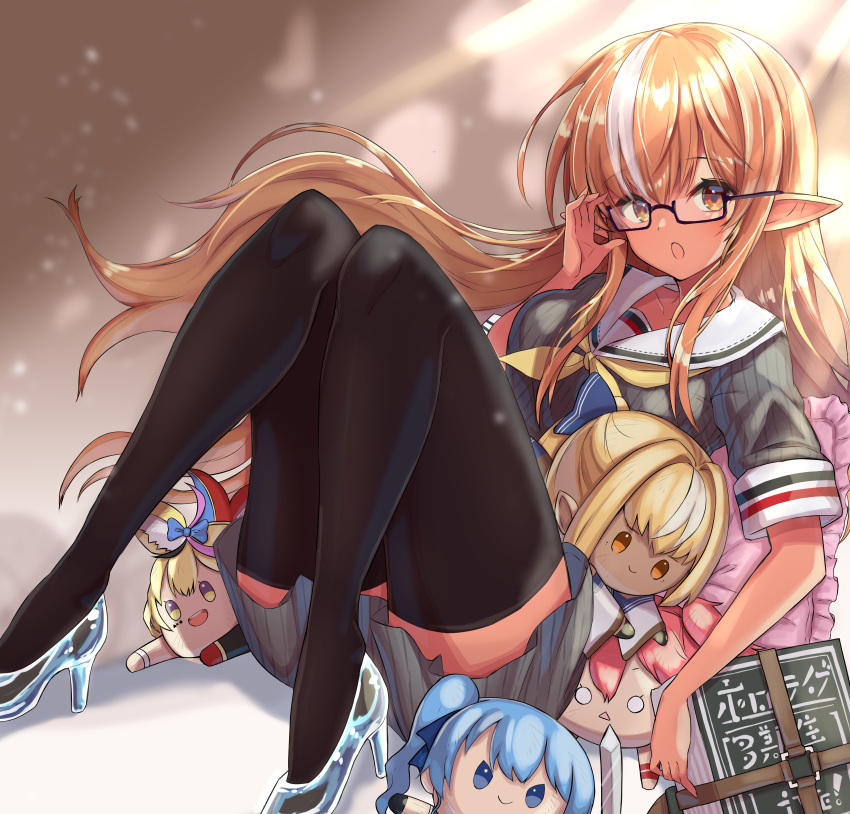 1girl absurdres character_doll dark-skinned_female dark_skin elf highres hololive hoshimachi_suisei omaru_polka pointy_ears ralf sakura_miko shiranui_flare solo virtual_youtuber