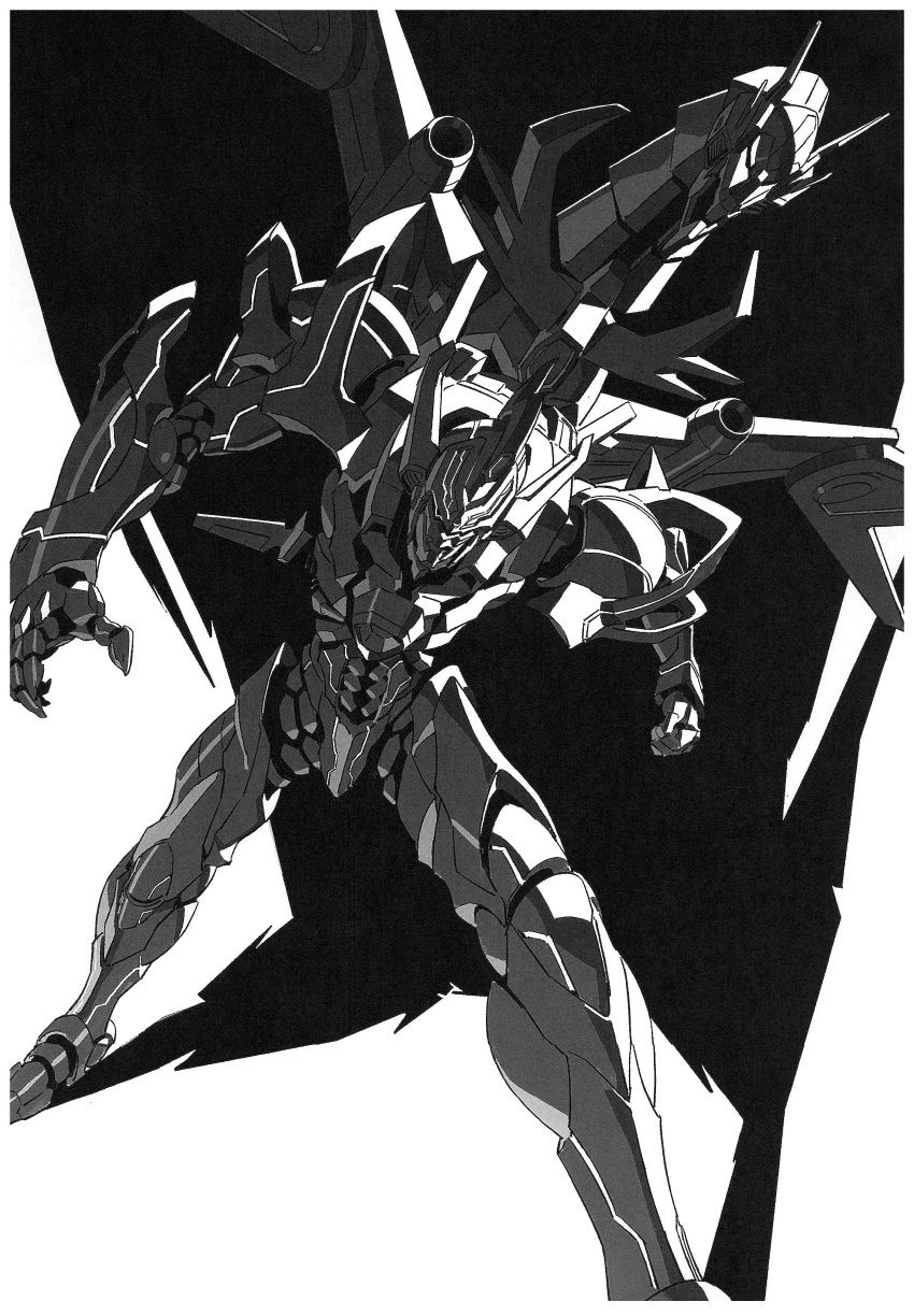 absurdres greyscale gridknight_(ssss.gridman) gridman_universe highres mecha monochrome no_humans official_art simple_background solo ssss.dynazenon standing traditional_media trigger_(company) tsuburaya_productions wings yoshinari_you