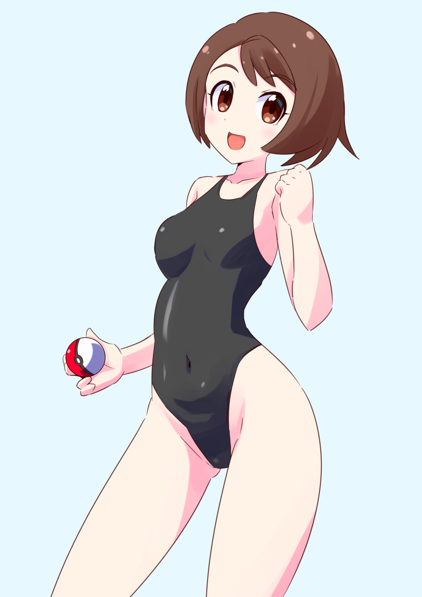 1girl absurdres black_swimsuit bob_cut brown_eyes brown_hair commentary_request commission competition_swimsuit contrapposto cowboy_shot fumiki_rikiya gloria_(pokemon) grey_background highleg highleg_swimsuit highres holding looking_at_viewer one-piece_swimsuit poke_ball pokemon pokemon_(game) pokemon_swsh short_hair simple_background smile solo standing swimsuit