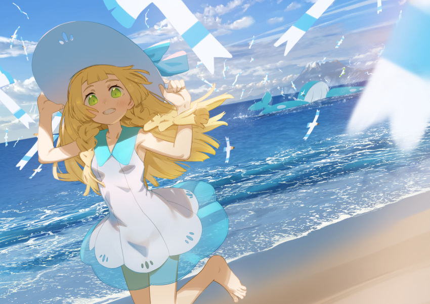 1girl bangs barefoot blonde_hair blue_ribbon blunt_bangs blush braid cloud collared_dress commentary_request day dress eyelashes green_eyes grin hands_up hat hat_ribbon leg_up lillie_(pokemon) long_hair looking_at_viewer outdoors pokemon pokemon_(creature) pokemon_(game) pokemon_sm ribbon sand see-through shamonabe shore sky sleeveless sleeveless_dress smile standing standing_on_one_leg sun_hat sundress teeth toes twin_braids w_arms wailord water white_dress white_headwear wingull