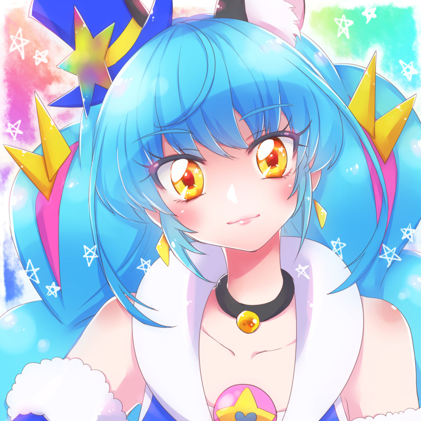 1girl animal_ear_fluff animal_ears black_choker blue_hair blue_headwear blush brooch cat_ears choker closed_mouth collarbone cure_cosmo earrings extra_ears hat highres jewelry long_hair looking_at_viewer magical_girl mini_hat multicolored_hair nijigami_rin orange_eyes pink_hair precure rainbow_background smile solo star_(symbol) star_in_eye star_twinkle_precure symbol_in_eye top_hat triangle_earrings two-tone_hair upper_body yuni_(precure)