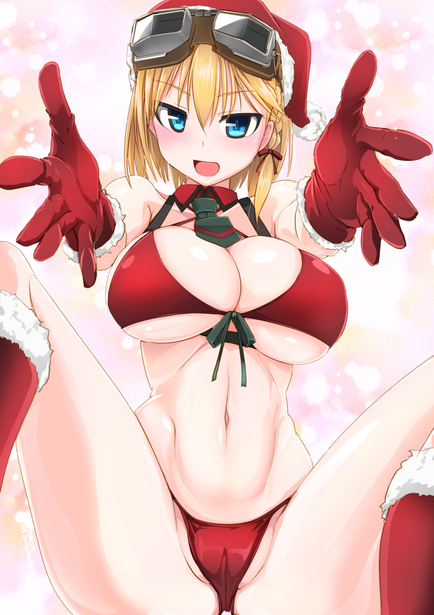 1girl aiyoku_no_penguin-tou_koukuu_tai bangs bikini black_ribbon blonde_hair blue_eyes boots braid breasts cameltoe christmas cleavage closed_mouth collar commentary detached_collar elbow_gloves front-tie_bikini front-tie_top gloves goggles goggles_on_head hair_ribbon hat highres izusaki_aisu large_breasts looking_at_viewer multicolored_background navel necktie reaching_out red_bikini red_collar red_footwear red_gloves red_headwear ribbon santa_boots santa_gloves santa_hat short_hair sitting smile solo spread_legs string_bikini swimsuit tokihama_jirou