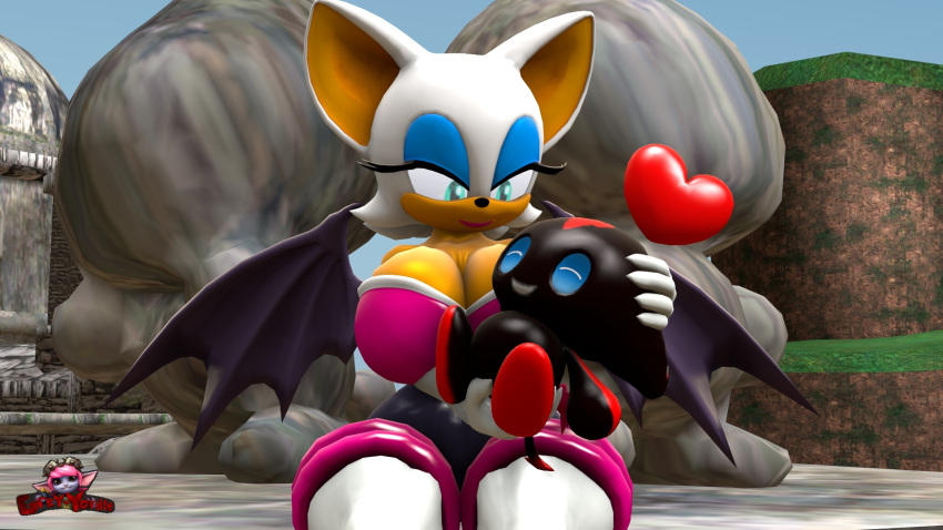 &lt;3 2020 3d_(artwork) anthro artist_name big_breasts black_body black_skin blue_sclera bodysuit breasts chao_(sonic) chiropteran cleavage clothed clothing curvy_figure dark_chao detailed_background digital_media_(artwork) duo eyelashes eyes_closed eyeshadow female fingers fur gloves grey-yordle hair handwear hi_res huge_breasts makeup male male/female mammal multicolored_body multicolored_skin outside red_body red_skin rouge_the_bat sega sitting skinsuit smile sonic_the_hedgehog_(series) source_filmmaker spread_wings tan_body tan_fur teal_eyes thick_thighs tight_clothing two_tone_body two_tone_skin voluptuous white_body white_fur white_hair wide_hips wings