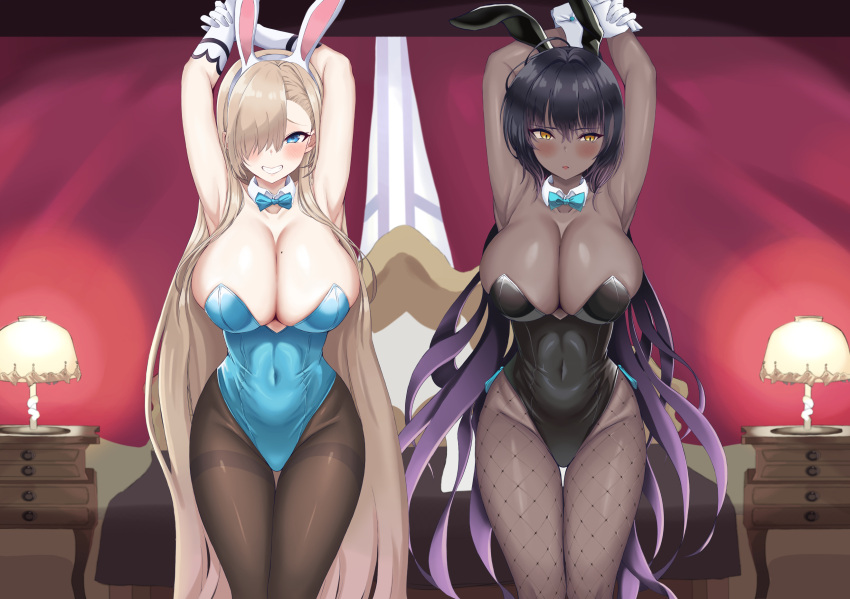2girls animal_ears aqua_leotard armpit_crease armpits arms_behind_head arms_up asuna_(blue_archive) bed bedroom black_hair black_leotard blue_archive blush bow bowtie breasts cleavage covered_navel curtains dark-skinned_female dark_skin detached_collar eyebrows_visible_through_hair fake_animal_ears fishnet_legwear fishnets gloves groin hair_between_eyes hair_over_one_eye hair_over_shoulder high_ponytail highleg highleg_leotard highres huge_breasts karin_(blue_archive) lamp large_breasts leotard long_hair mole mole_on_breast monipai multicolored_hair multiple_girls official_alternate_costume open_mouth pantyhose parted_lips playboy_bunny purple_hair revision room side_ponytail stomach strapless strapless_leotard streaked_hair teeth thigh_gap thighs two-tone_hair very_long_hair white_gloves wrist_cuffs