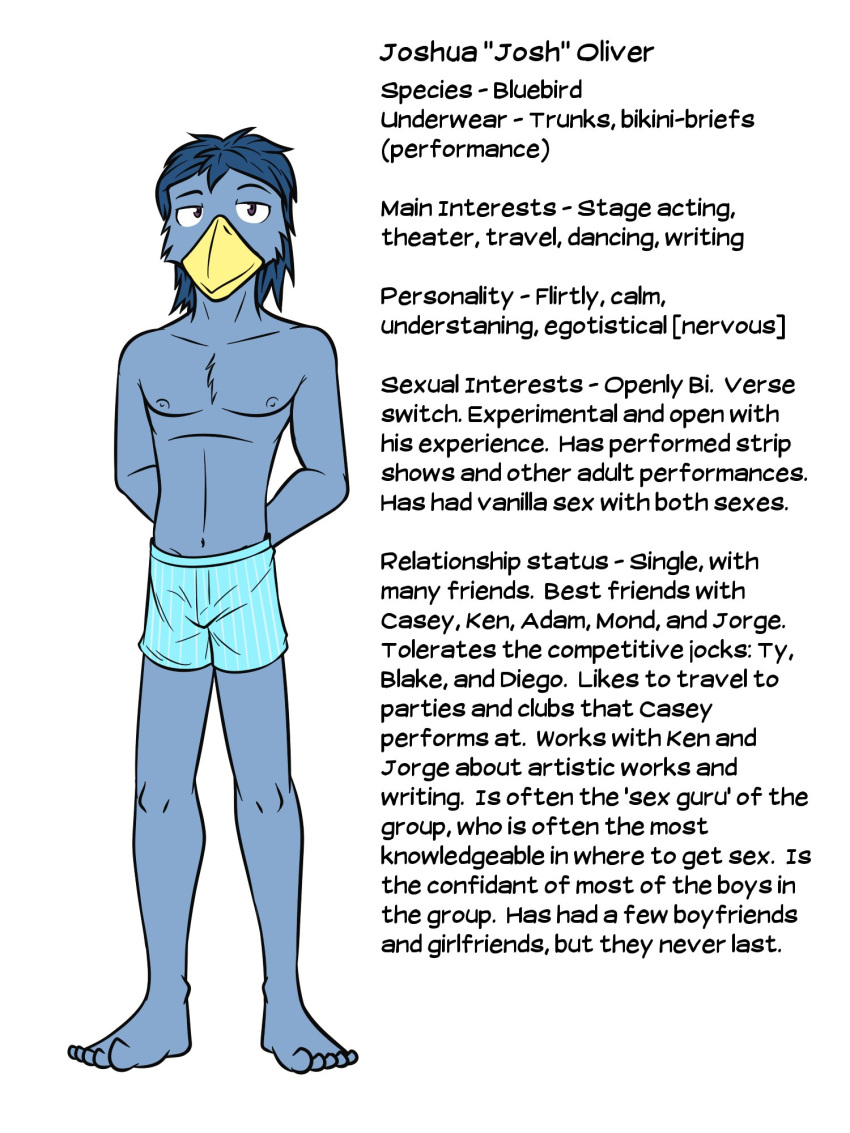 3:4 anthro avian bird blue_boxers bluebird boxers_(clothing) clothed clothing english_text full-length_portrait fuze hands_behind_back hi_res josh_oliver male navel nipples oscine passerine pattern_clothing pattern_underwear portrait simple_background solo striped_boxers striped_clothing striped_underwear stripes texnatsu text thrush_(bird) topless underwear underwear_only white_background