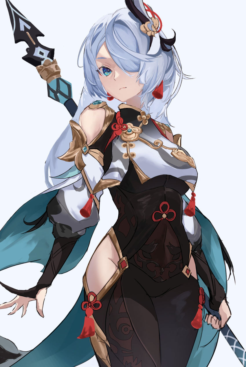 1girl absurdres az'ruler bangs black_gloves blue_background blue_eyes blue_hair bodystocking breasts clothing_cutout genshin_impact gloves hair_over_one_eye head_tilt highres hip_vent holding holding_polearm holding_weapon long_hair looking_at_viewer medium_breasts one_eye_covered partially_fingerless_gloves polearm shenhe_(genshin_impact) shoulder_cutout solo weapon