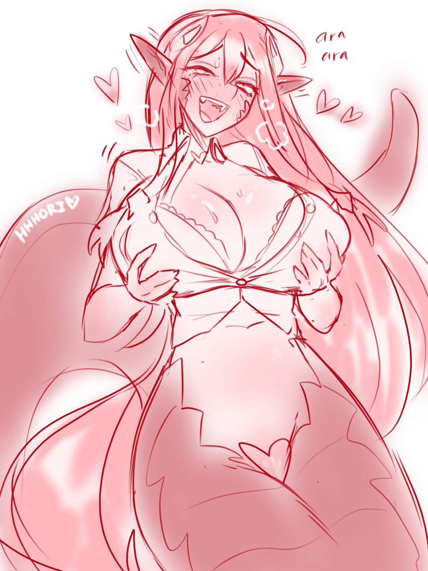 1girl :d ara_ara aroused artist_name blush bra breasts cleavage drooling english_commentary fangs hair_ornament hairclip heart heart-shaped_pupils hhhori highres lamia large_breasts long_hair mature_female miia's_mother monster_girl monster_musume_no_iru_nichijou navel pointy_ears self_fondle sketch smile solo sweat symbol-shaped_pupils unbuttoned unbuttoned_shirt underwear very_long_hair