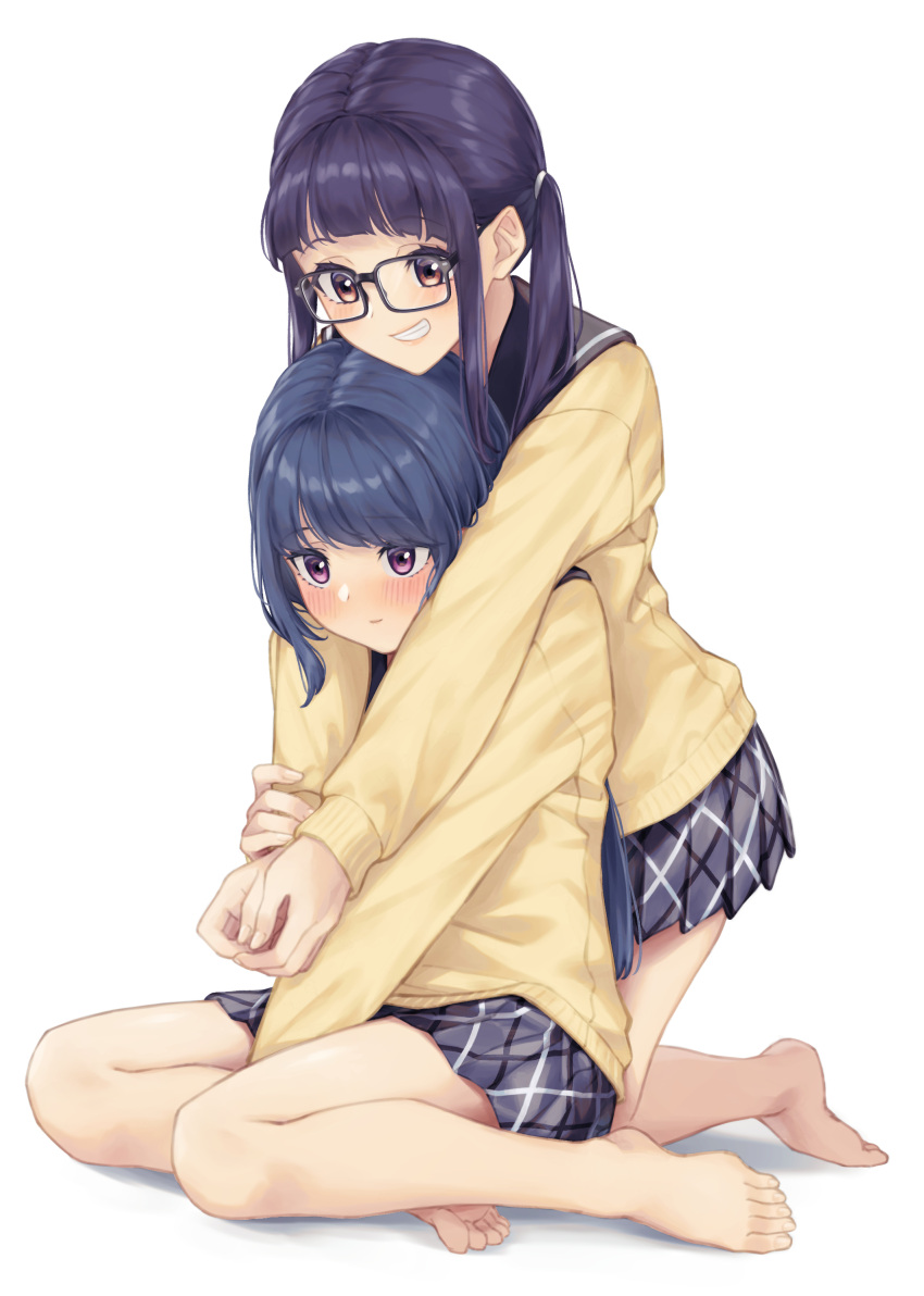 2girls absurdres banana_oekaki barefoot black-framed_eyewear blue_hair blush cardigan full_body glasses highres long_hair multiple_girls oogaki_chiaki plaid plaid_skirt pleated_skirt purple_eyes purple_hair school_uniform serafuku shima_rin simple_background skirt smile white_background yuri yurucamp