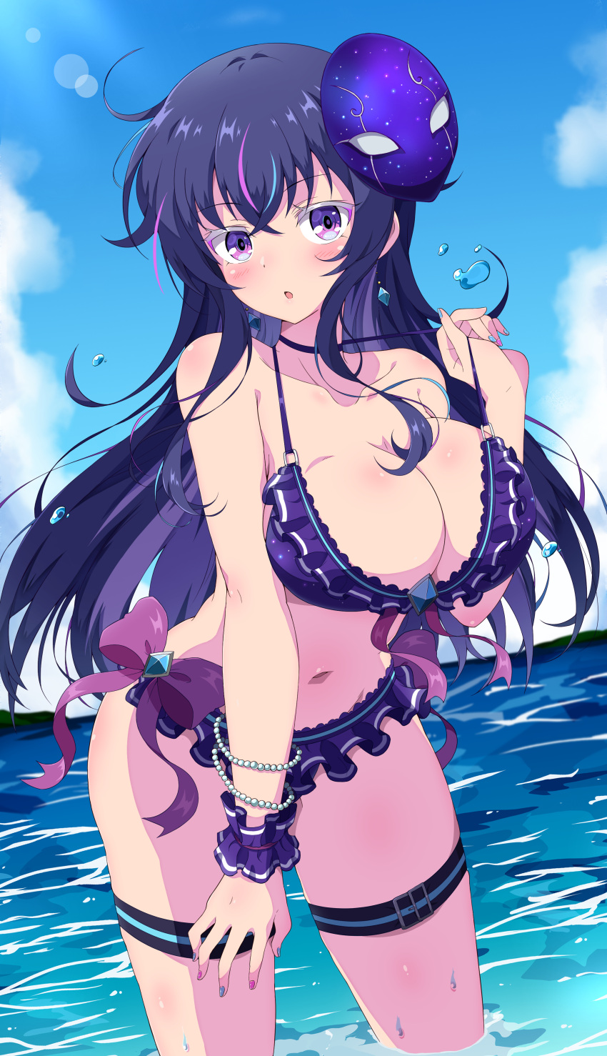 1girl :o absurdres bangs bikini bikini_pull black_hair blue_hair blue_sky bracelet breasts cleavage clothes_pull cloud collarbone commentary_request commission crossed_bangs day eggman_(pixiv28975023) frilled_bikini frills hair_between_eyes highres horizon jewelry large_breasts lens_flare looking_at_viewer mask mask_on_head multicolored_hair navel ocean open_mouth original outdoors purple_bikini purple_eyes scrunchie sky solo standing streaked_hair swimsuit thigh_strap thighs wading water wrist_scrunchie