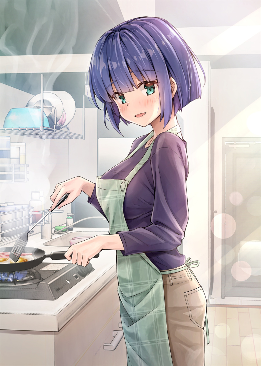 1girl apron bangs blush cooking denim eyebrows_visible_through_hair from_side highres indoors izumi_hina_(neet_de_otaku_na_kunoichi_to_naze_ka_dousei_hajimemashita) jacket kitchen kotatsu_(kotatsu358) looking_at_viewer neet_de_otaku_na_kunoichi_to_naze_ka_dousei_hajimemashita open_mouth pants purple_hair reward_available short_hair smile solo spatula standing