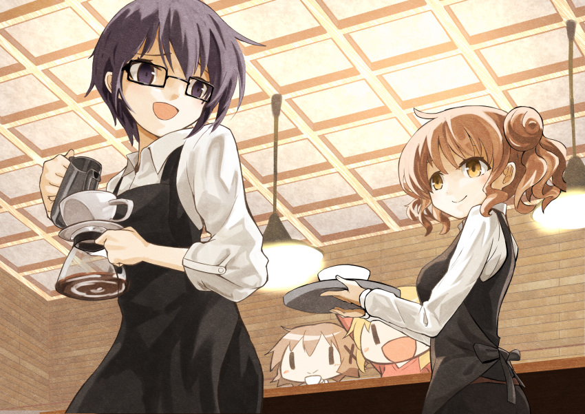 4girls =) =d absurdres alternate_costume apron asagao_21 black-framed_eyewear black_apron blonde_hair brown_eyes cafe coffee_pot commentary double_bun employee_uniform glasses hair_ornament hidamari_sketch highres hiro_(hidamari_sketch) holding holding_pot indoors long_sleeves miyako_(hidamari_sketch) multiple_girls pot purple_eyes purple_hair red_hair red_sweater sae_(hidamari_sketch) shirt short_hair sweater uniform white_shirt x_hair_ornament yuno_(hidamari_sketch)