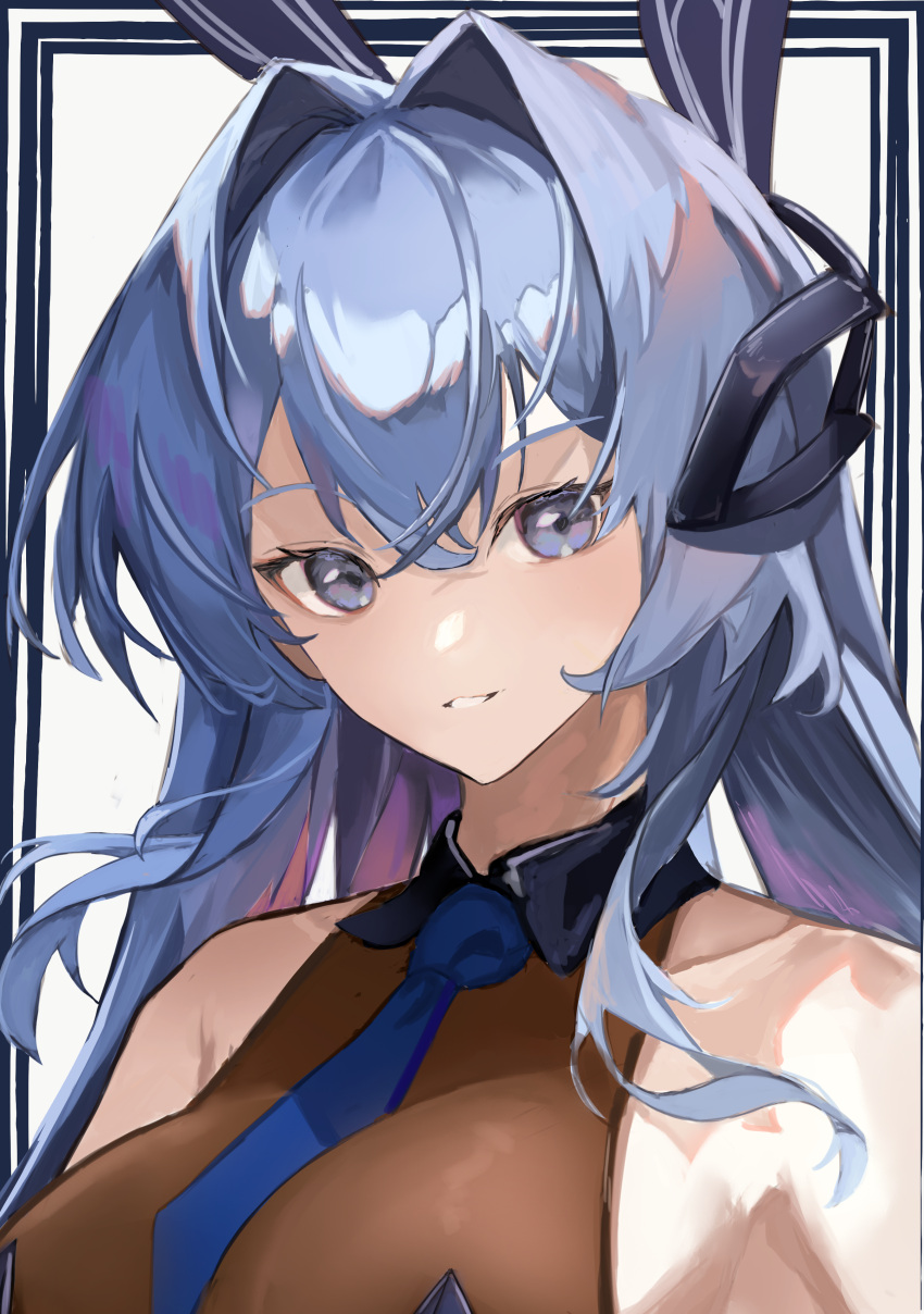 1girl absurdres az'ruler azur_lane bare_shoulders blue_border blue_eyes blue_hair blue_necktie blue_ribbon border breasts collarbone eyebrows_visible_through_hair hair_intakes hair_ribbon head_tilt highres large_breasts looking_at_viewer necktie new_jersey_(azur_lane) new_jersey_(exhilarating_steps!)_(azur_lane) official_alternate_costume outside_border parted_lips ribbon smile white_background