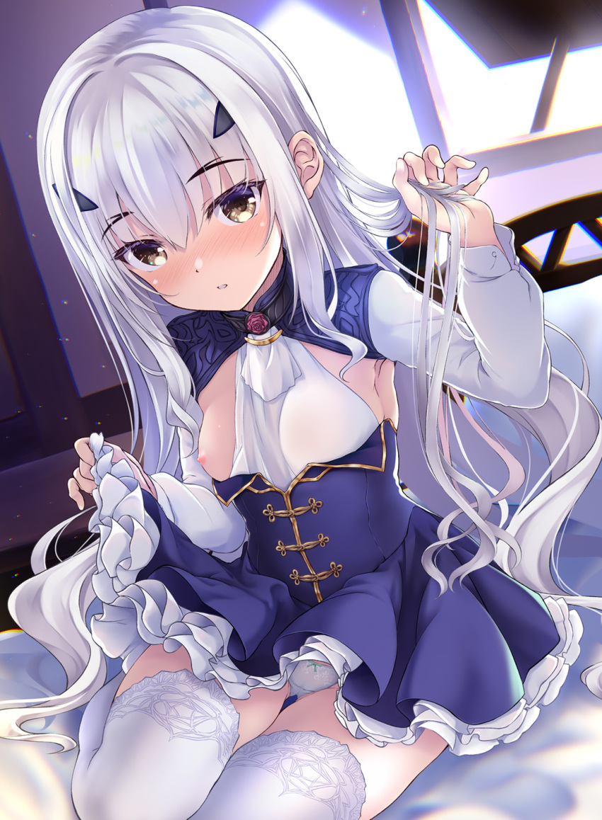 1girl bangs blue_dress breasts brown_eyes dress fairy_knight_lancelot_(fate) fate/grand_order fate_(series) frills highres hitsujibane_shinobu long_hair long_sleeves looking_at_viewer nipples one_breast_out sidelocks sitting small_breasts thighhighs thighs white_hair white_legwear