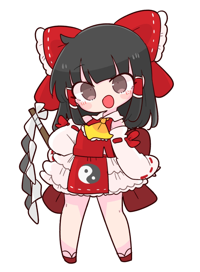 1girl ascot bangs black_hair bow brown_eyes collar detached_sleeves frilled_ascot frilled_skirt frills geta gohei hair_bow hair_tubes hakurei_reimu hand_on_hip highres loincloth medium_hair nontraditional_miko op_na_yarou open_mouth red_bow red_footwear red_shirt ribbon-trimmed_sleeves ribbon_trim shirt sidelocks simple_background skirt sleeveless smile solo touhou white_background white_collar white_skirt yellow_neckwear yin_yang yin_yang_print