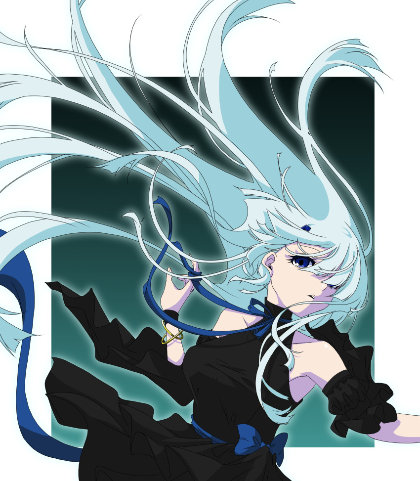 1girl absurdres black_dress blue_bow bow breasts dress floating_hair hair_over_one_eye halter_dress halterneck head_tilt highres inia_sestina kamon_rider large_breasts long_hair looking_up muvluv muvluv_alternative muvluv_total_eclipse one_eye_covered open_hand open_mouth solo very_long_hair