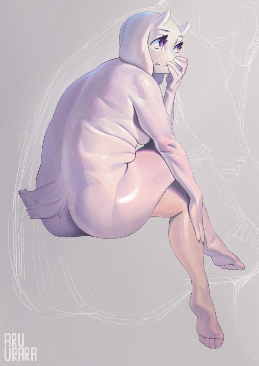 anthro aruurara biped bovid butt caprine feet female full-length_portrait goat hi_res mammal nude portrait rear_view sitting skin_folds slightly_chubby solo toes toriel undertale_(series)