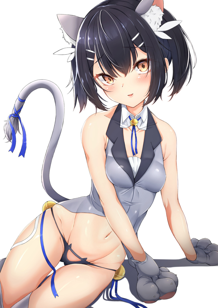 1girl animal_ear_fluff animal_ears animal_hands bangs bare_shoulders bell black_hair black_panties blue_ribbon blush breasts brown_eyes cat_ears cat_tail fake_animal_ears fate/kaleid_liner_prisma_illya fate_(series) feather_hair_ornament feathers gloves grey_gloves grey_legwear grey_vest hair_ornament hairclip highres jingle_bell long_hair looking_at_viewer miyu_edelfelt navel neck_ribbon panties paw_gloves ribbon sashimi_nasu small_breasts tail thighhighs thighs twintails underwear vest