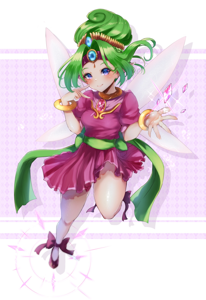 1girl absurdres ankle_bow argyle argyle_background back_bow bare_legs bow bracelet braid brooch circlet closed_mouth dress fairy_wings gem green_bow green_hair hair_ornament highres jewelry looking_at_viewer panel_de_pon pointy_ears purple_background purple_dress purple_eyes ruby_(panel_de_pon) shoes short_dress short_hair smile solo wings yuu_cream