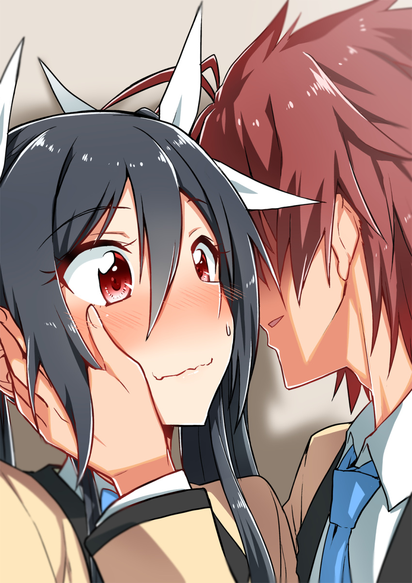 1boy 1girl black_hair blue_neckwear blush close-up closed_mouth collared_shirt embarrassed eyebrows_visible_through_hair eyelashes hair_between_eyes hair_ribbon hand_on_another's_face hand_up highres mitsuka_souji open_mouth ore_twintail_ni_narimasu red_eyes red_hair ribbon school_uniform shaded_face shadow shiny shiny_hair shirt short_hair sidelocks tsube_aika upper_body white_ribbon yogetsu_high_school_uniform yuto_(dialique)